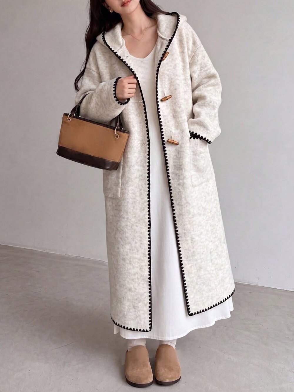Oatmeal Casual Women's Long Plain Button Loose Fit Hooded Cardigan - Picture 2 of 5